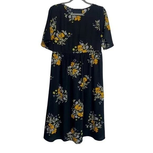 ZARA Floral Lace Up Back Babydoll Midi Stretch Dress Short Sleeve M Black Orange - Picture 13 of 15